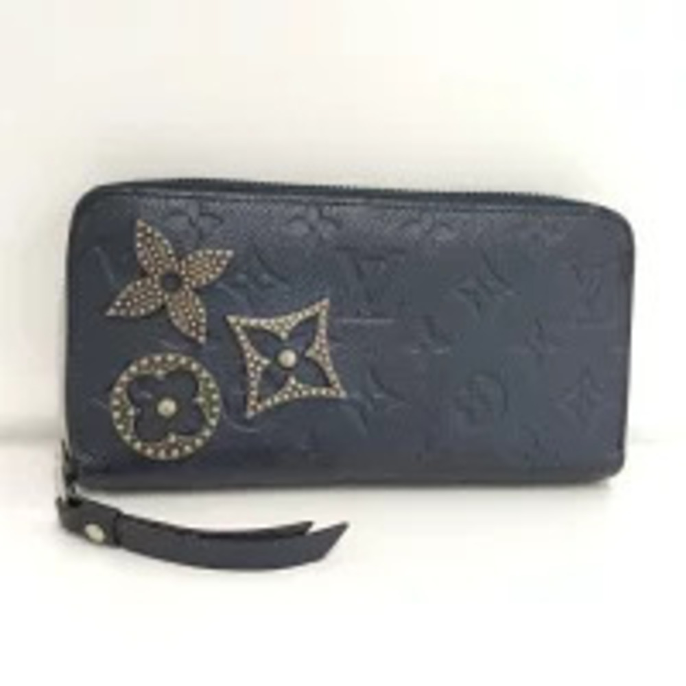 LOUIS VUITTON Zippy Wallet Round Zipper Long Metal Flower Studs Blue